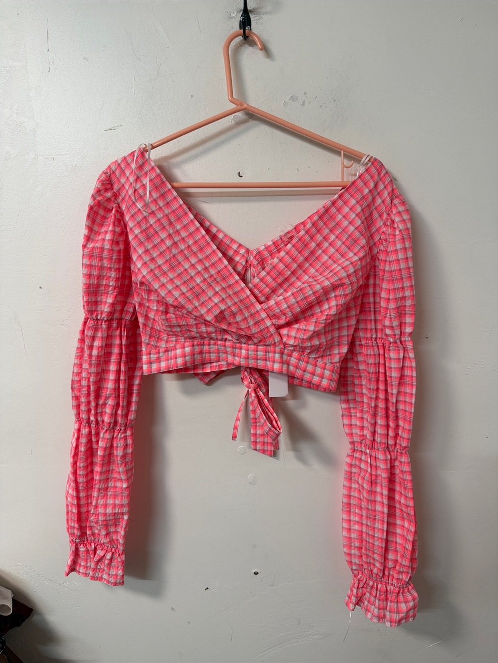 Topshop Pink Plaid Tie-Front Crop Top